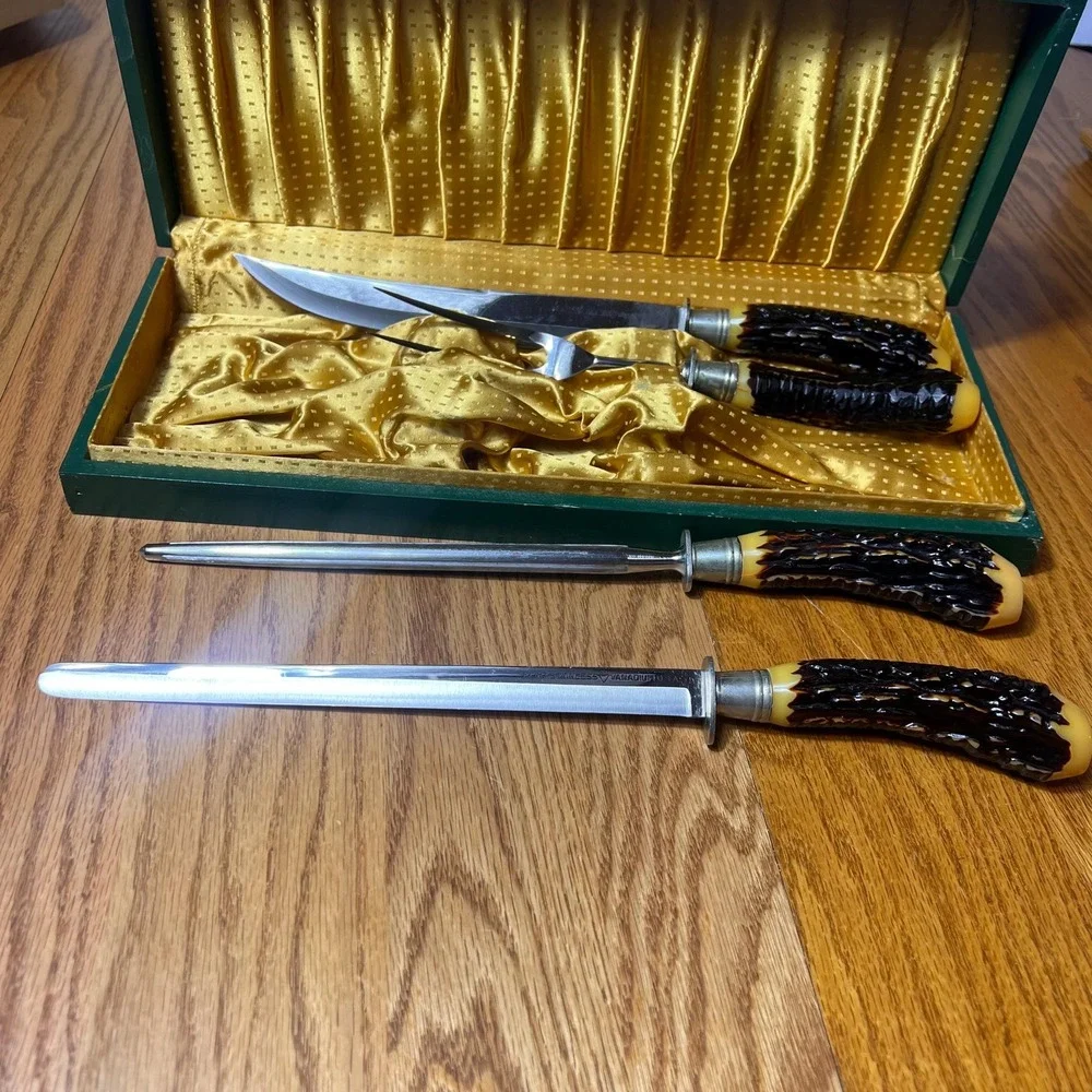 VTG Flint Stainless Vanadium USA Carving Set Faux Stag Handles Sharpener w case